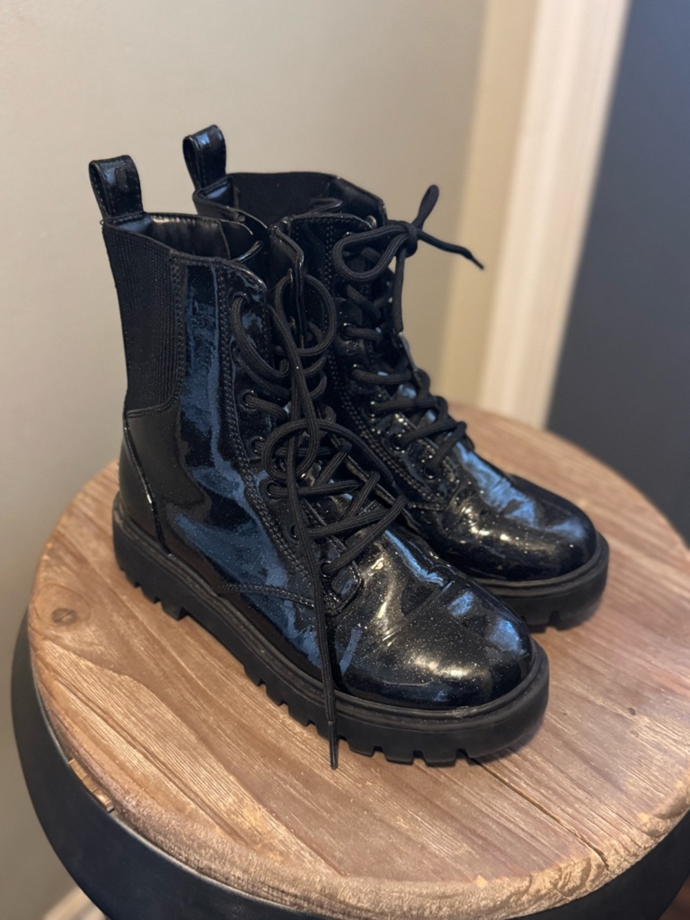 art class Black Patent Lace-Up Combat Boots for Kids